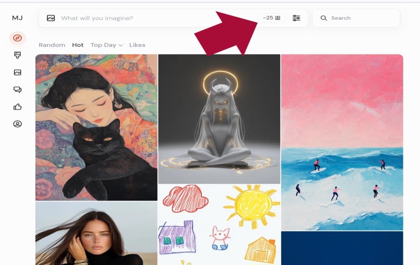 واجهة مستخدم Midjourney مع عرض 25 صورة مجانية
