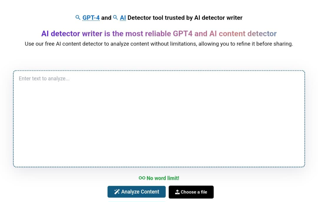 واجهة أداة موقع aidetectorwriter.com لكشف محتوى الذكاء الاصطناعي مجانًا