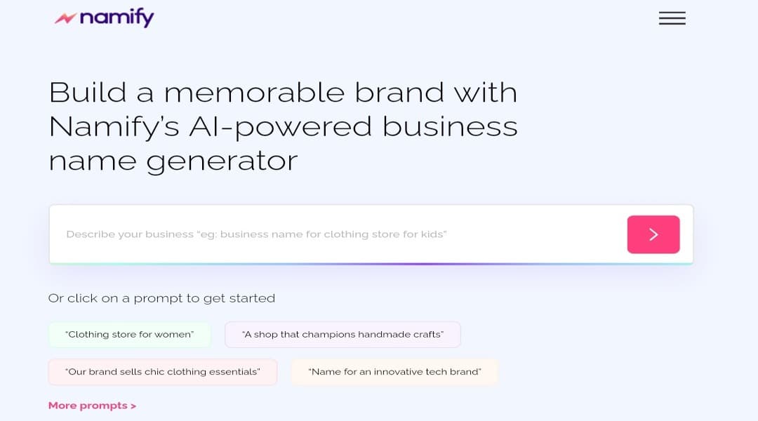 واجهة Namify لتوليد أسماء العلامات التجارية باستخدام الذكاء الاصطناعي