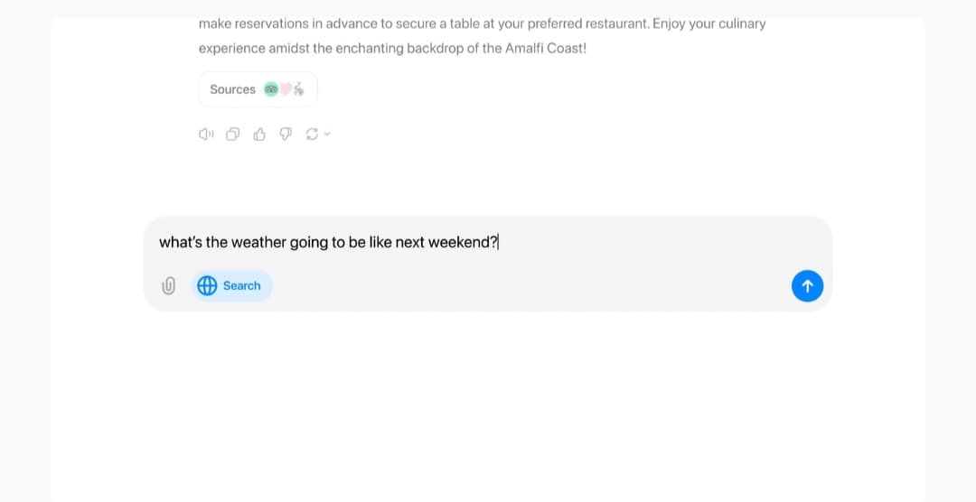 صورة لمحرك البحث داخل منصة ChatGPT، مع إجابته عن سؤال بخصوص الطقس