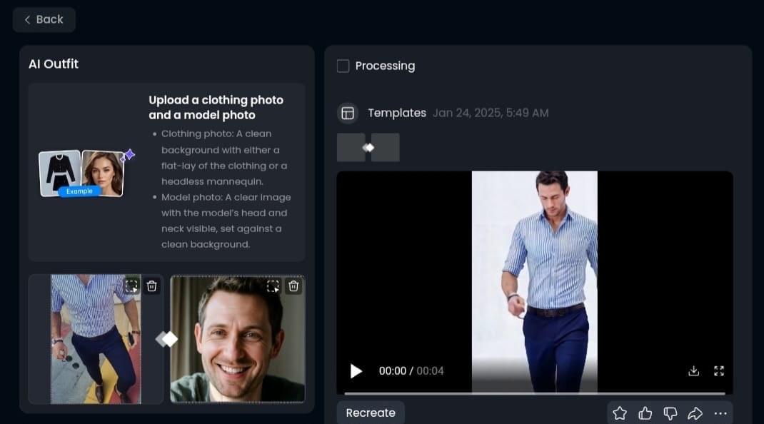 قالب AI Outfit: رفع صورة ملابس، وصورة شخص لإنشاء مقطع لهذا الشخص يرتدي الملابس