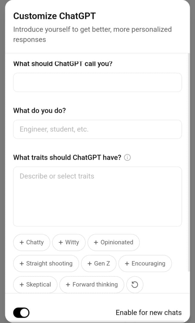 تخصيص شخصية ChatGPT عن طريق إدخال الوصف في مربع الكتابة، أو بالاختيار من الخيارات المتاحة